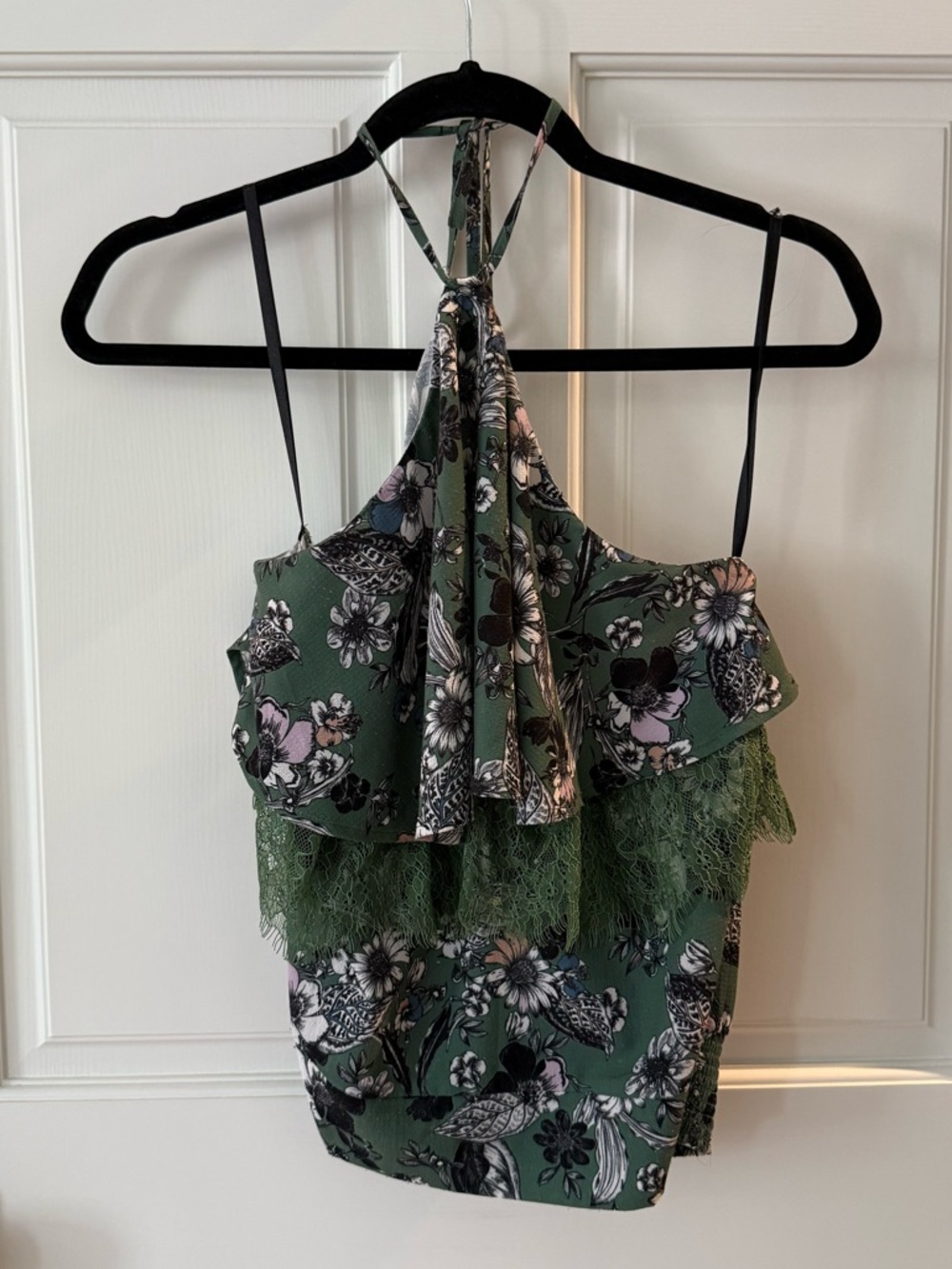 bebe Green Floral Lace Halter Tank Top